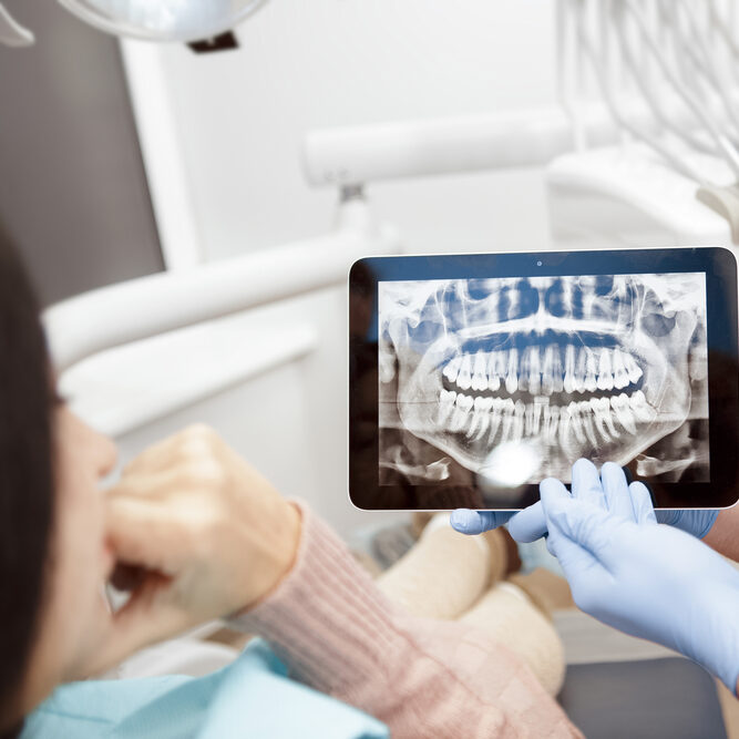 Discussing,Issues.,Cropped,Shot,Of,A,Professional,Dentist,Showing,Jaws